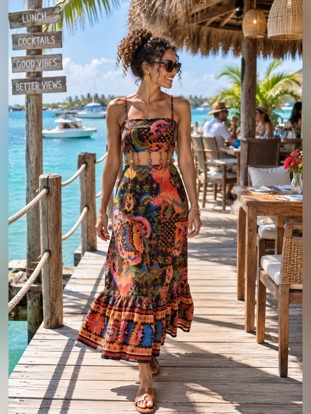 Farm Rio Black Tropical Floral Beaded Midi - Small